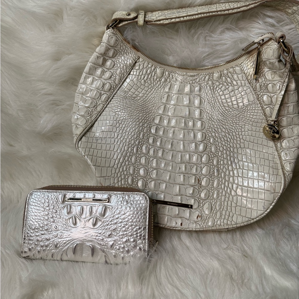 Brahmin Cream Crocodile-Embossed Shoulder Bag and Wallet